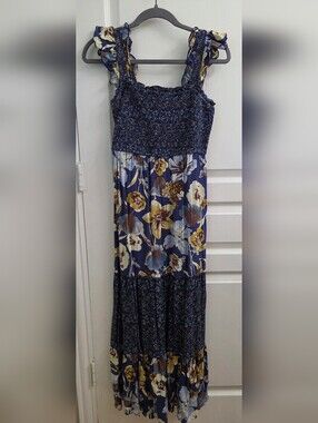 Maurices Navy Floral Maxi Dress with Yellow Accents